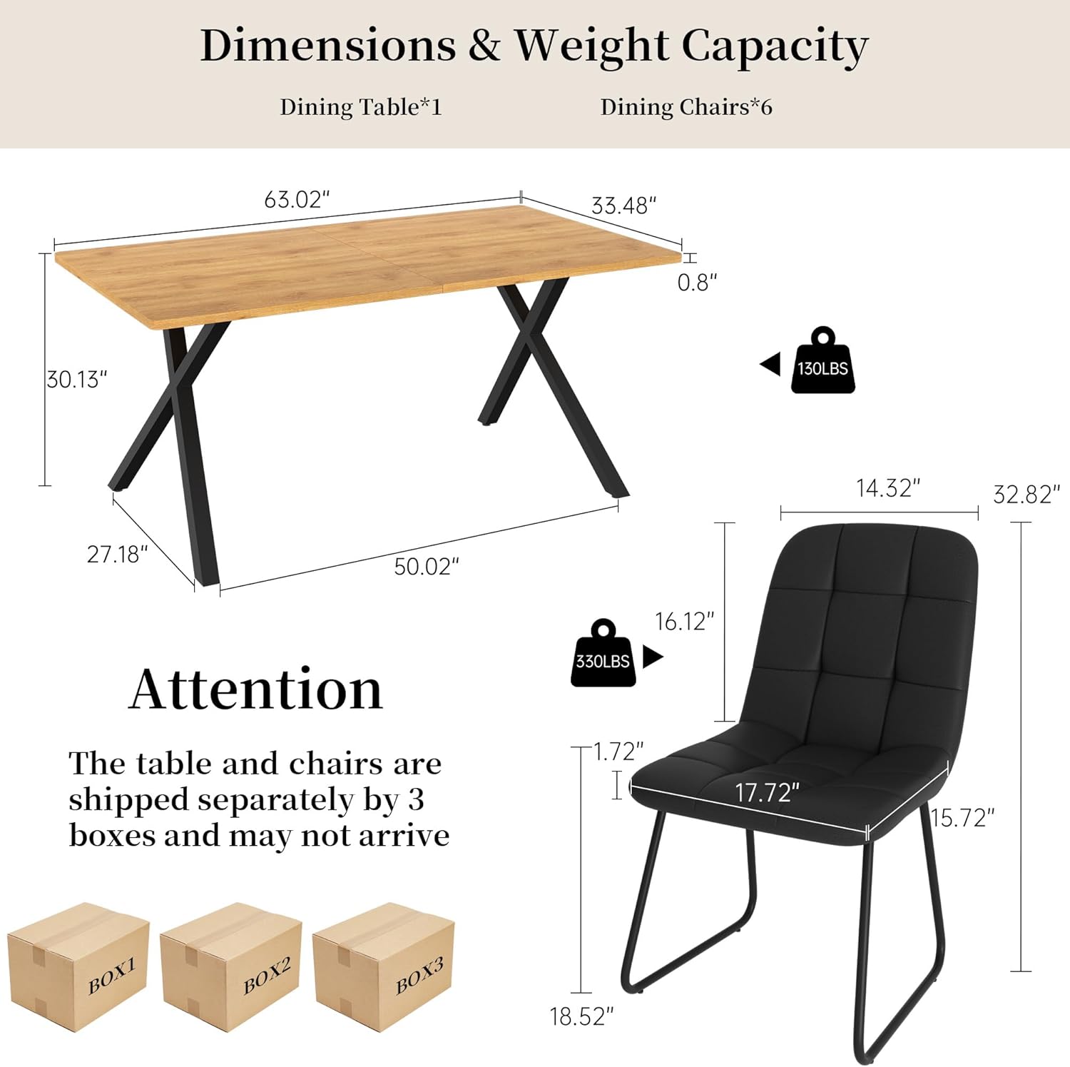 7-Piece Dining Table Set for 6 People, 63 MDF Kitchen Table with 6 Upholstered Chairs, Metal Legs for Dining Room, Kitchen(Oak Table+6 U-Shaped Black Chairs)