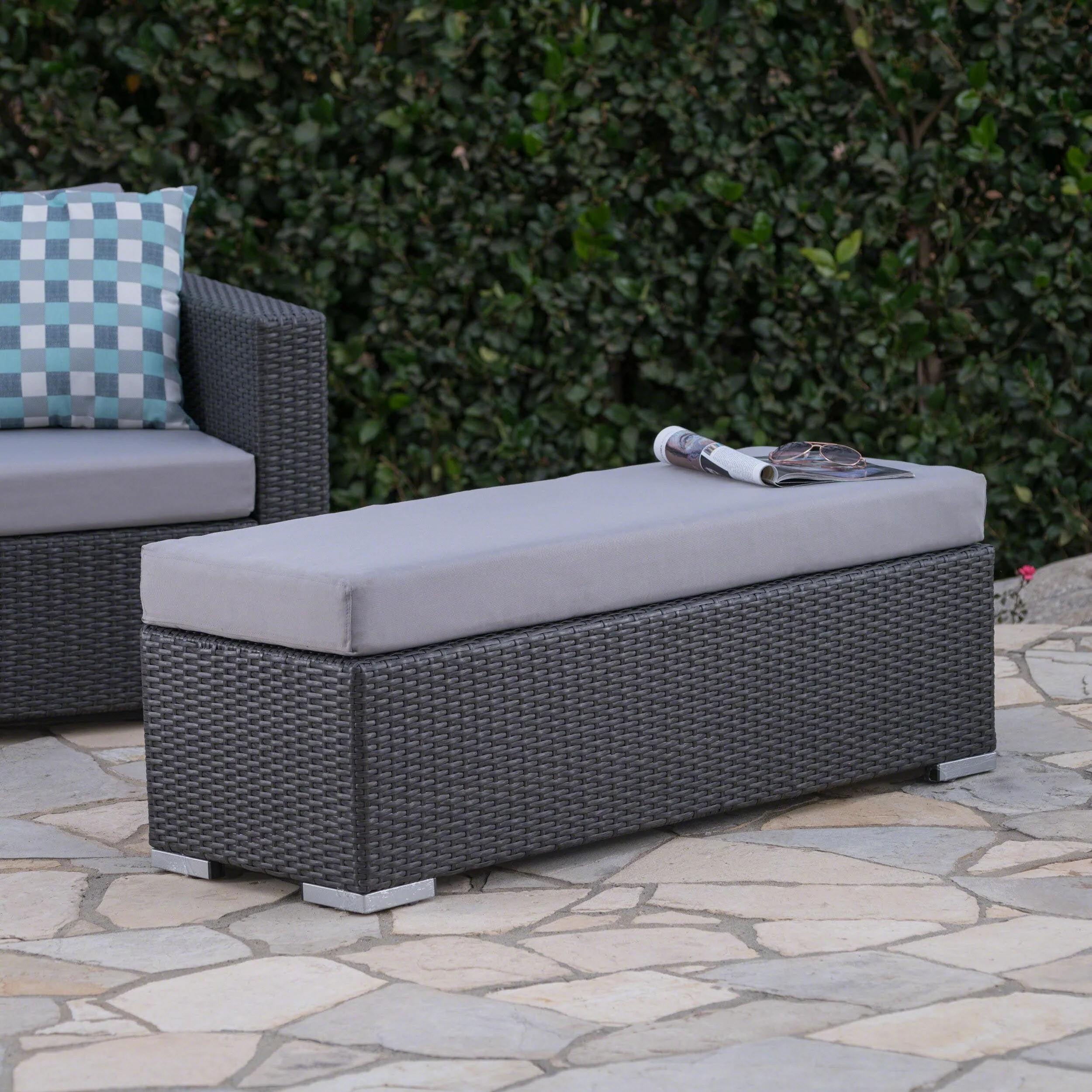 Roomfitters Outdoor Wicker Patio Bench with Cushioned Seat, Rectangular Rattan Ottoman, Poolside Seating for Garden, Grey