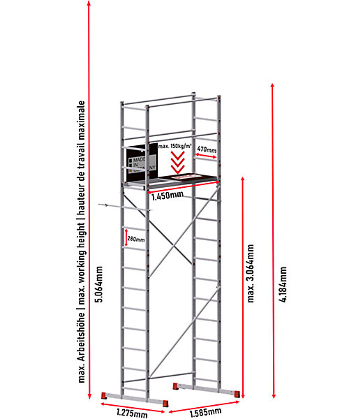AluCombine 4 500 hauteur de travail 5m echafaudage echellee traverse 2 roues echafaudage fixes 80mm stabilisateur triangulaire