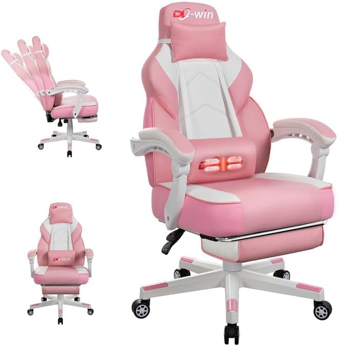 DL-win Video Gaming Chairs for Adults, Gamer Chair with Footrest, High Back, Big and Tall Gamer Chair‘s with Massage Lumbar Support, 360° Swivel Height Adjustable Computer Chaires, Pink