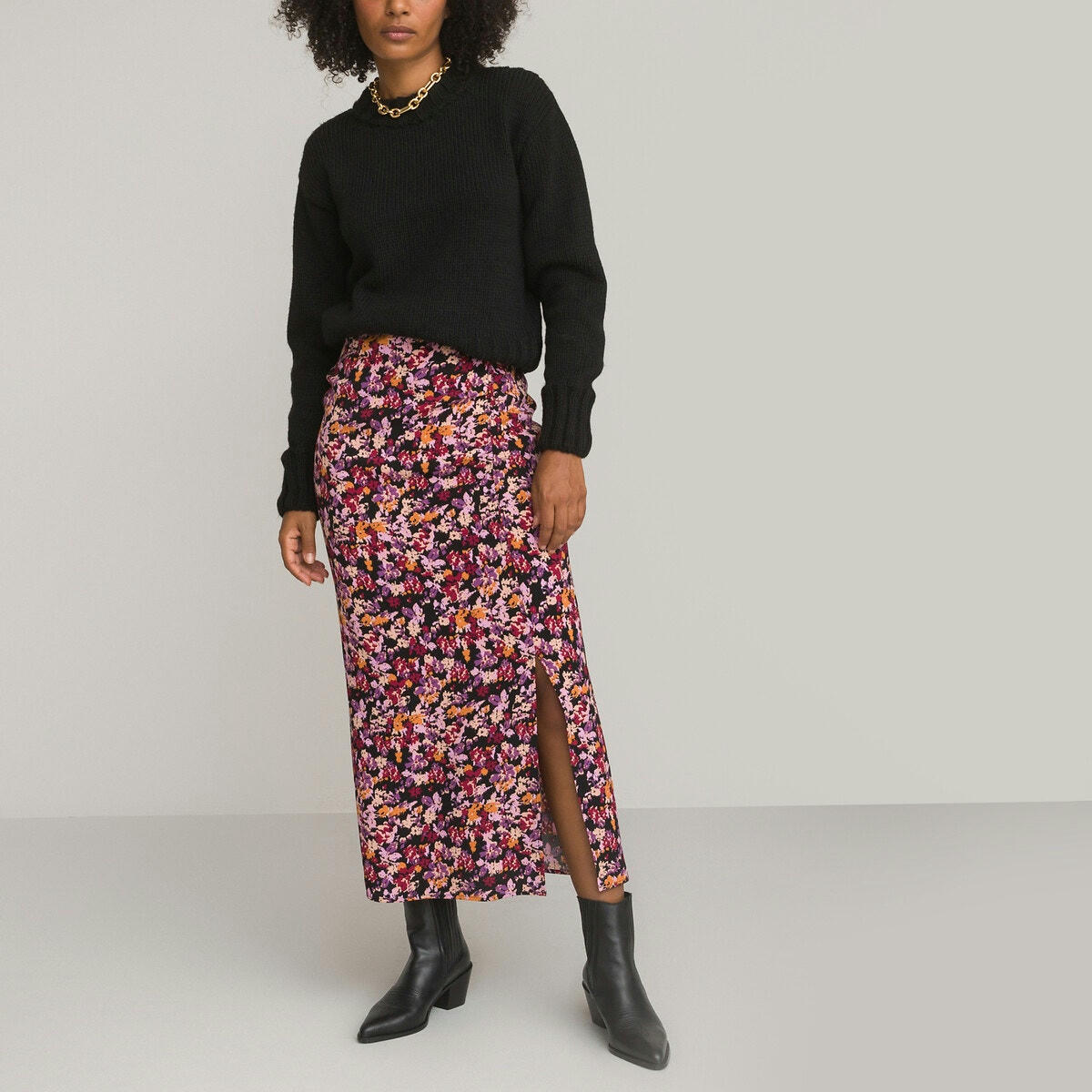 Jupe longue effet drapé, imprimé fleurs