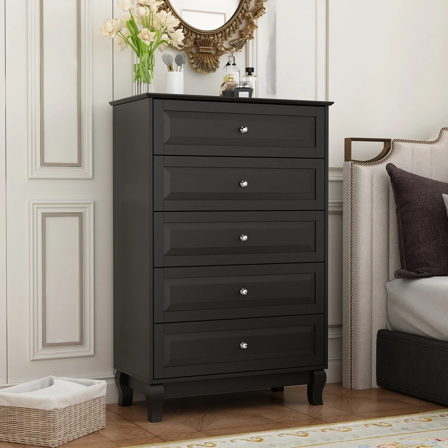 Modern Dresser Storage Chest with 5 Drawers Console Table(BlACK/WHITE)