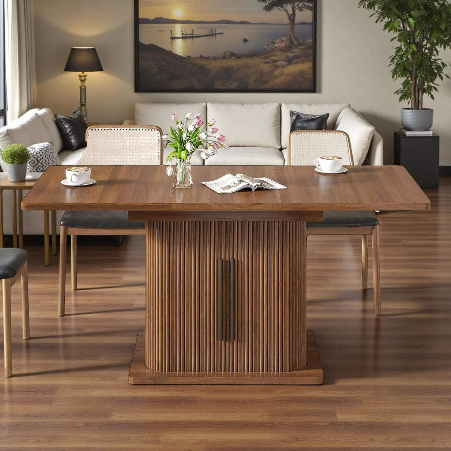 Extendable Dining Table Fluted Wood Storage Sliding Door Kitchen Table Modern