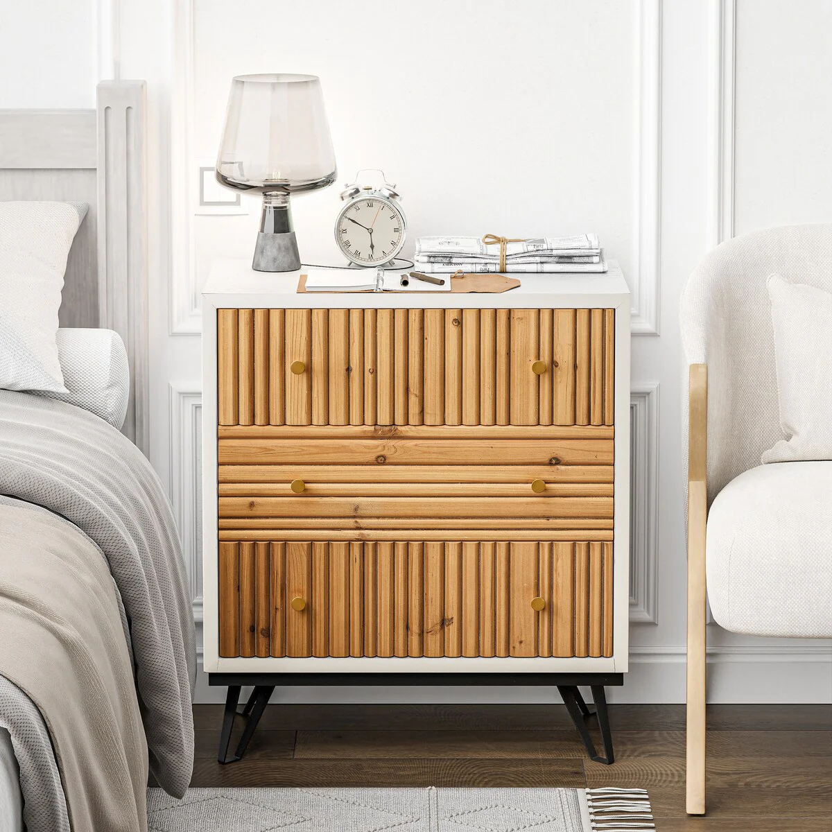 COZAYH Farmhouse 3-Drawer Dresser with Slat Design Front, Modern Industrial Nightstand for Living Room, Bedroom