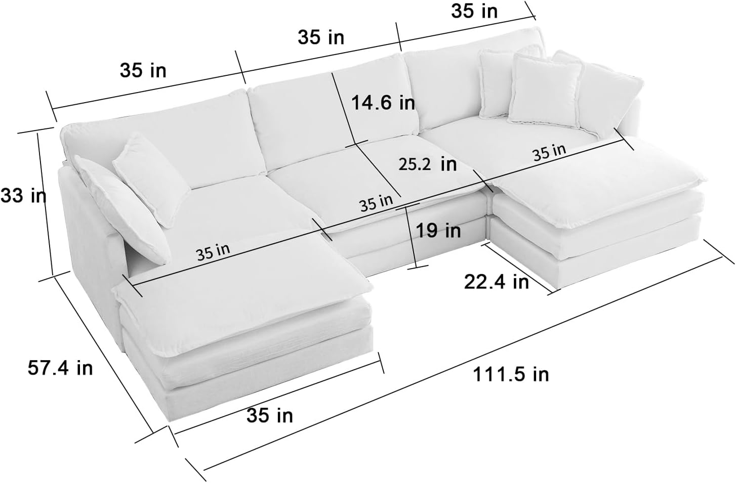 111.5 Beige Modular Sectional Sofa, 3 Seater Large Sectional Couches for Living Room, Ivory Off-White Chenille Fabric Oversized Cloud Couch with Ottoman, Modern Sofas Set, Sofas para Sala, U Shaped