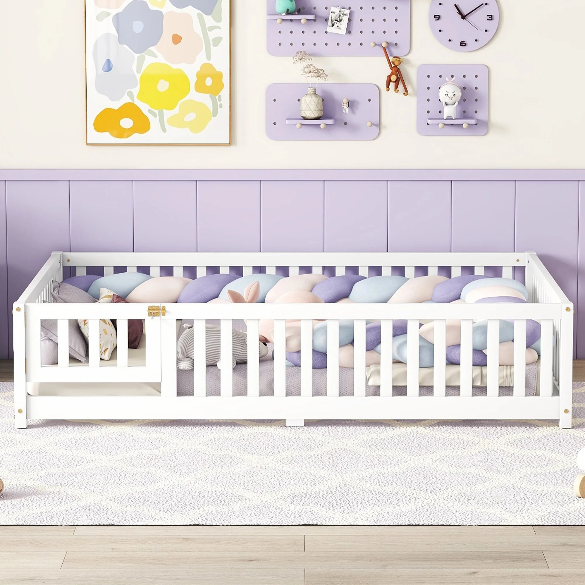 Toddler Wooden Full Floor Bed Frame Montessori Floor Bed with Fence Guardrail and Removable Door for Kids Children's Room