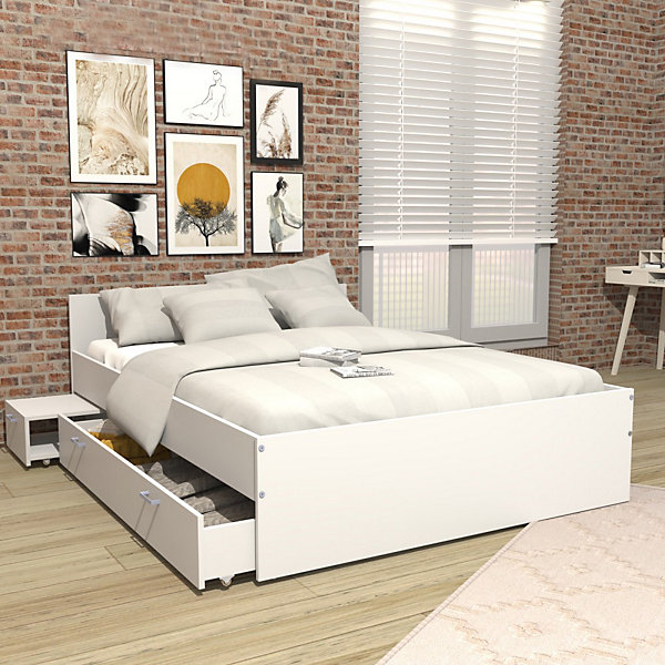 Lit 2 places 140x190cm Blanc TIDO inclus sommier, 1 chevet et 1tiroir pour rangement