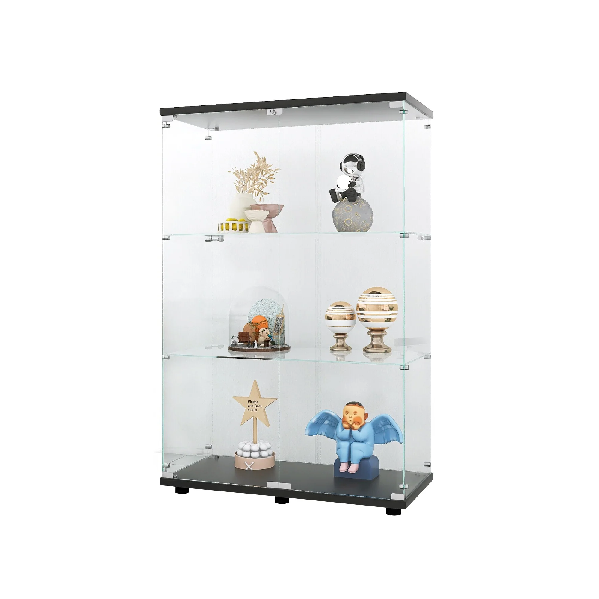 Two-door Glass Display Cabinet 3 Shelves with Door, Floor Standing Curio Bookshelf