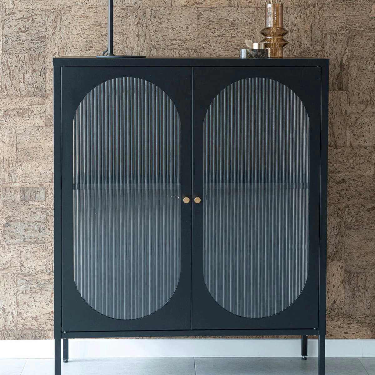 LARENNE - Buffet haut vitré en métal noir 2 portes