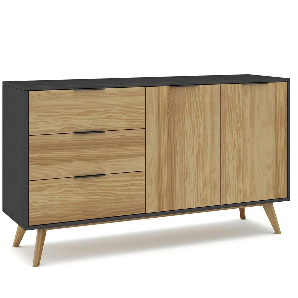TIMEO - Buffet 2 portes 3 tirois en pin massif / noir 140 cm