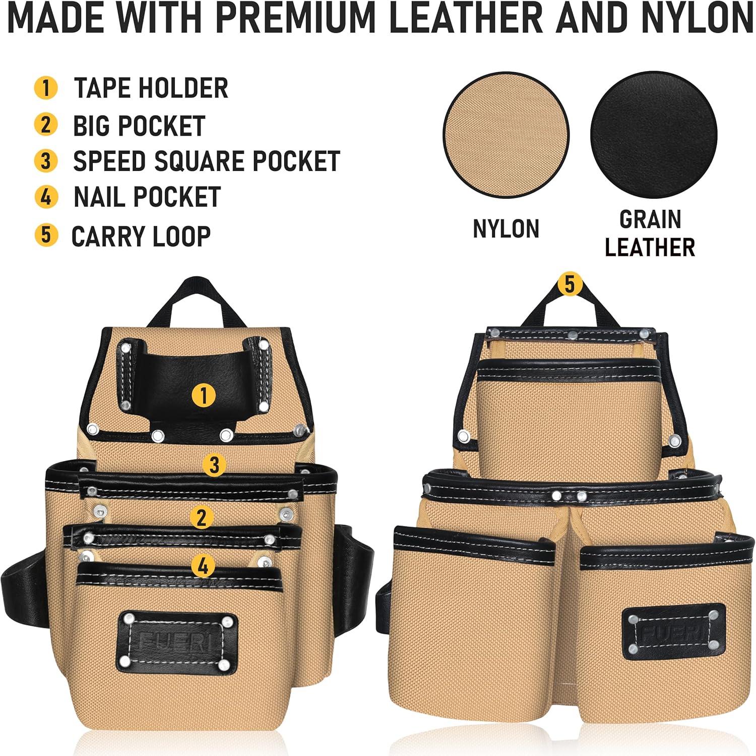 FUERI Electrician's Heavy Duty 26 Pocket Leather-Nylon Tool Belt & Bag Combo for Men, Comfort Back Support Padded Belt, 2 Large Storage Capacity Pouches, Best for Framers, Carpenter, Roofing