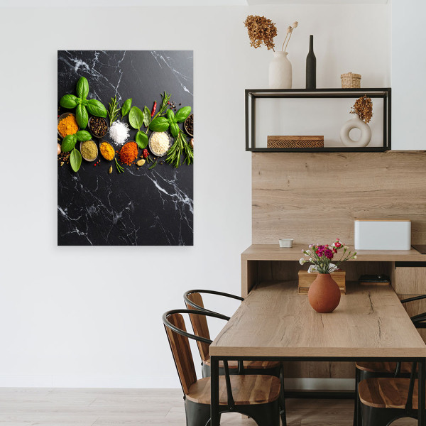 Obraz do kuchni, Przyprawy i zioła na marmurowym tle 20x30