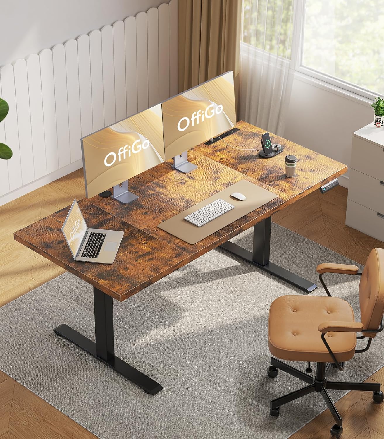 OffiGo 71 Inch Executive Electric Standing Desk, Height Adjustable Desk with Power Outlet & 1.38 Thick 3-Piece Desktop, Sit Stand Computer Desk for Home, Office, Conference Room, Rustic Brown