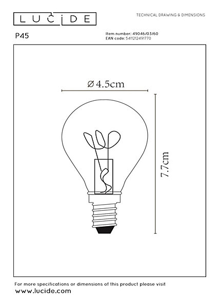 Lucide P45 - Ampoule filament - 4,5 cm - LED Dim. - E14 - 1x3W 2700K - Transparent