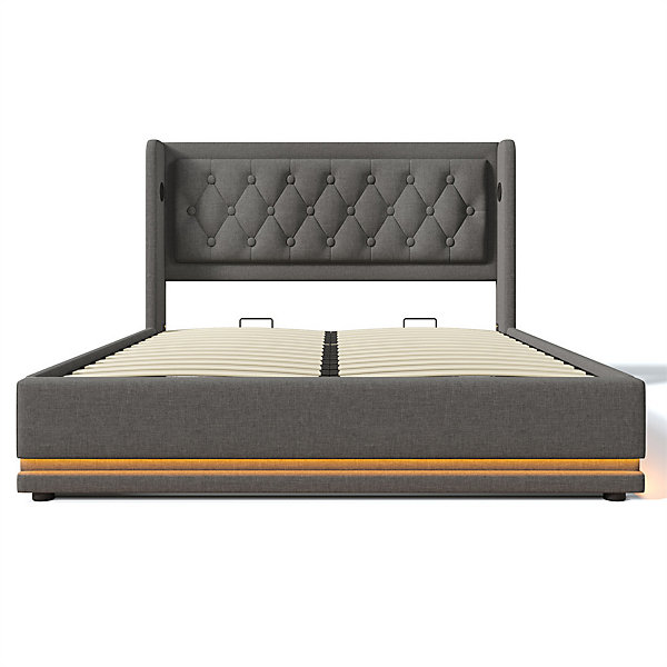 Lit adulte lit 160x200 cm lit rembourré hydraulique lit de rangement lit double coton gris