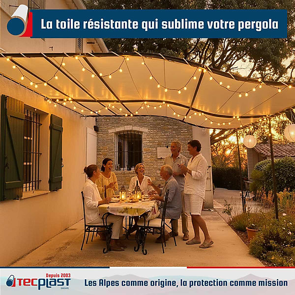 Pack TECPLAST Toile Pergola Blanc Crème 3x4 m   Sandow Ivoire 20m - Bâche Pergola prête à poser LP506PR Garantie 5 ans