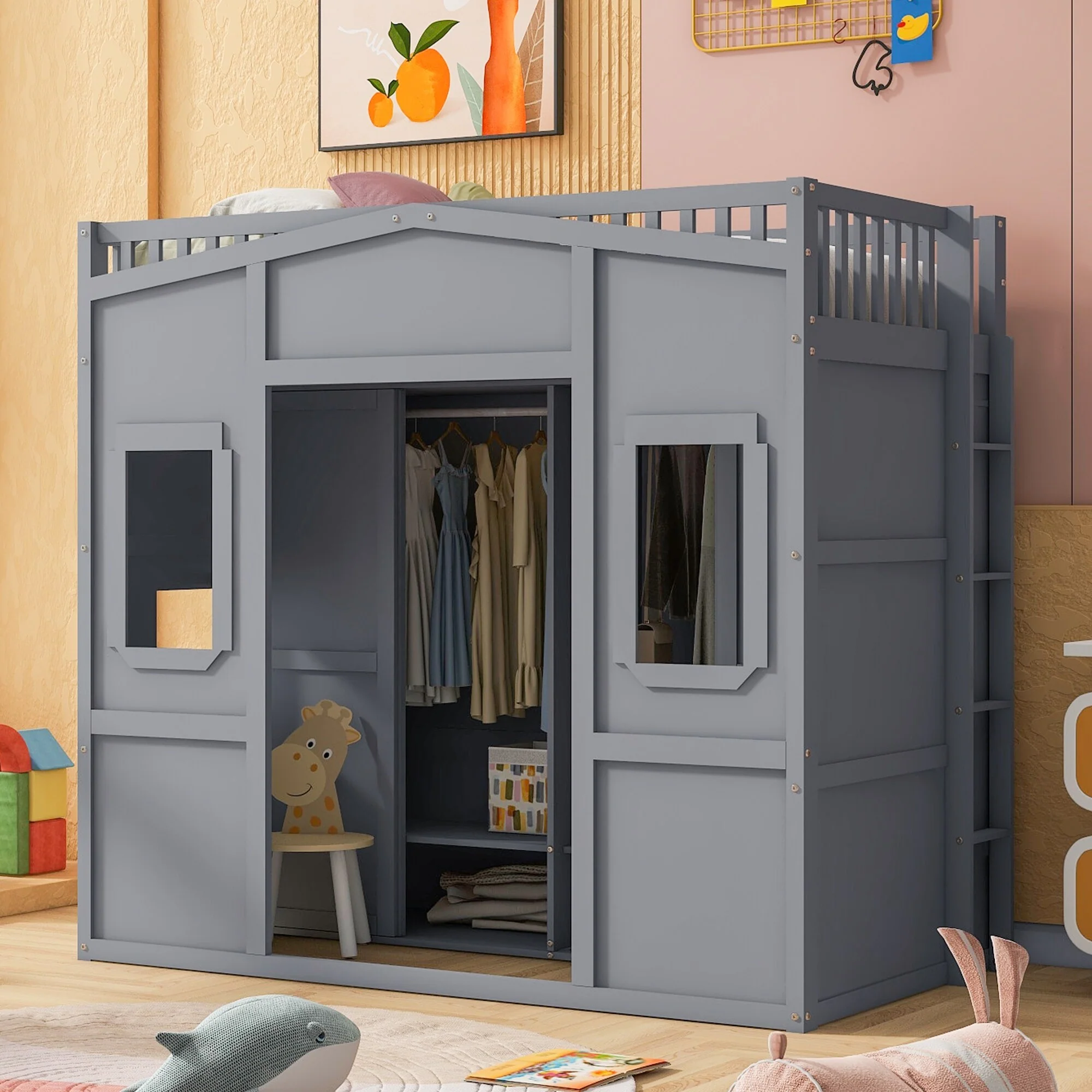 Twin Size Solid Wood House Loft Bed with Ladder and Wardrobe for Kids
