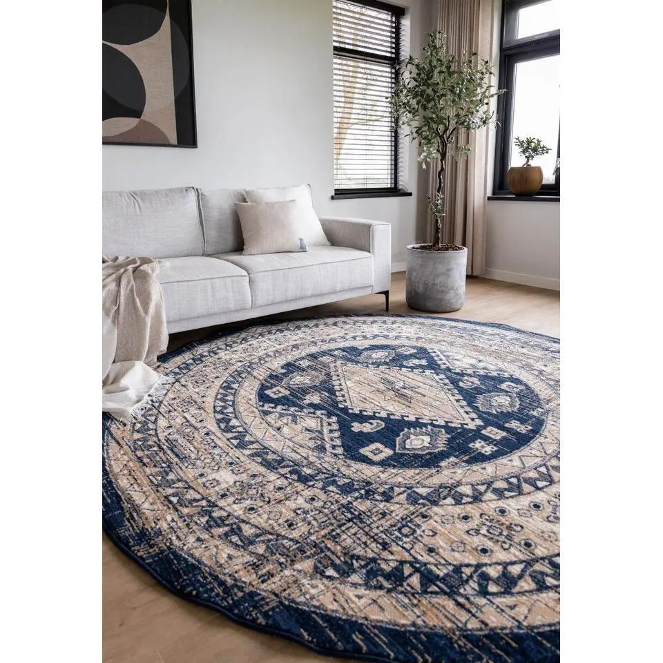 Interieur05 rond vintage vloerkleed Aila blauw - 160 x 160 cm