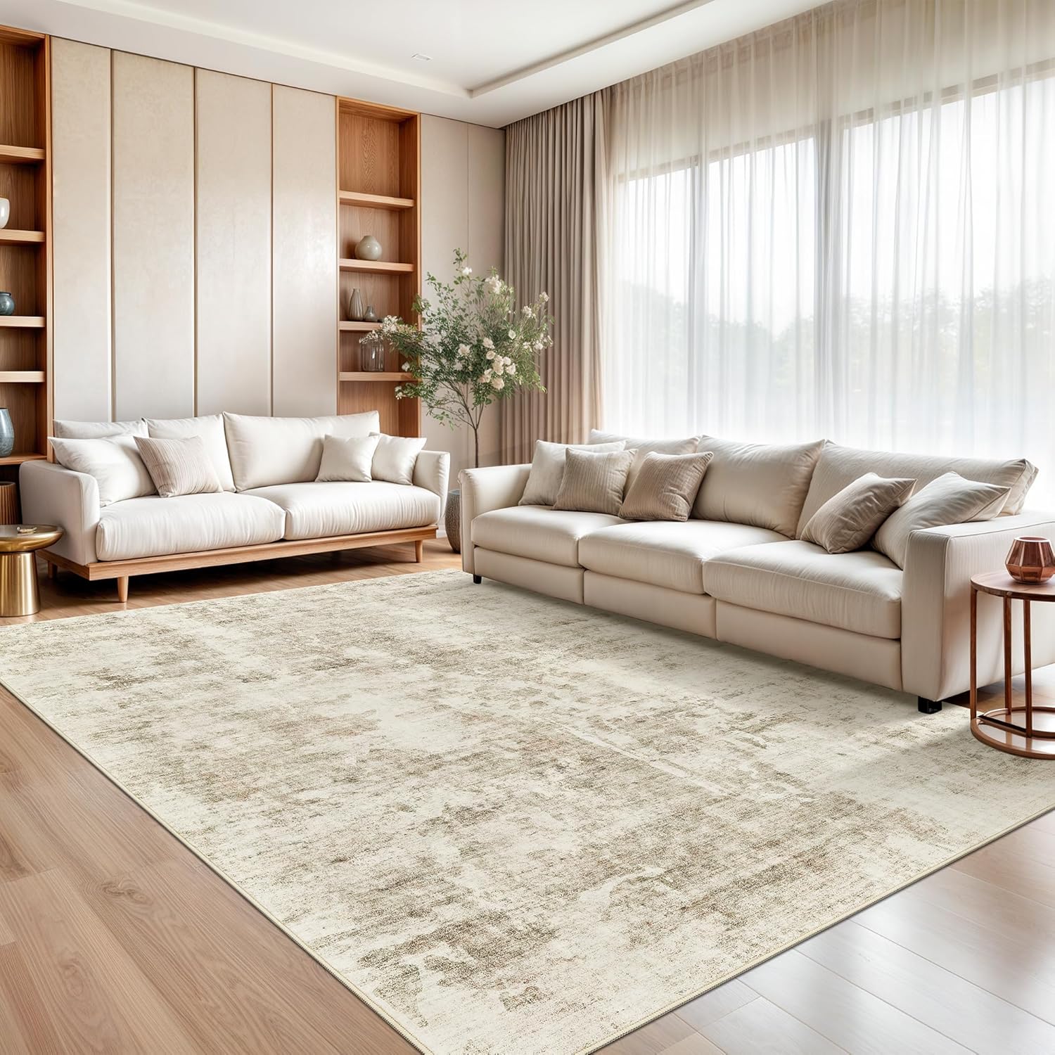 Soalmost 9x12 Area Rug for Living Room, Abstract Non Slip Machine Washable Vintage Carpets, Low Pile Lightweight Large Rug for Bedroom, Dining Room, Home Office Beige Gray