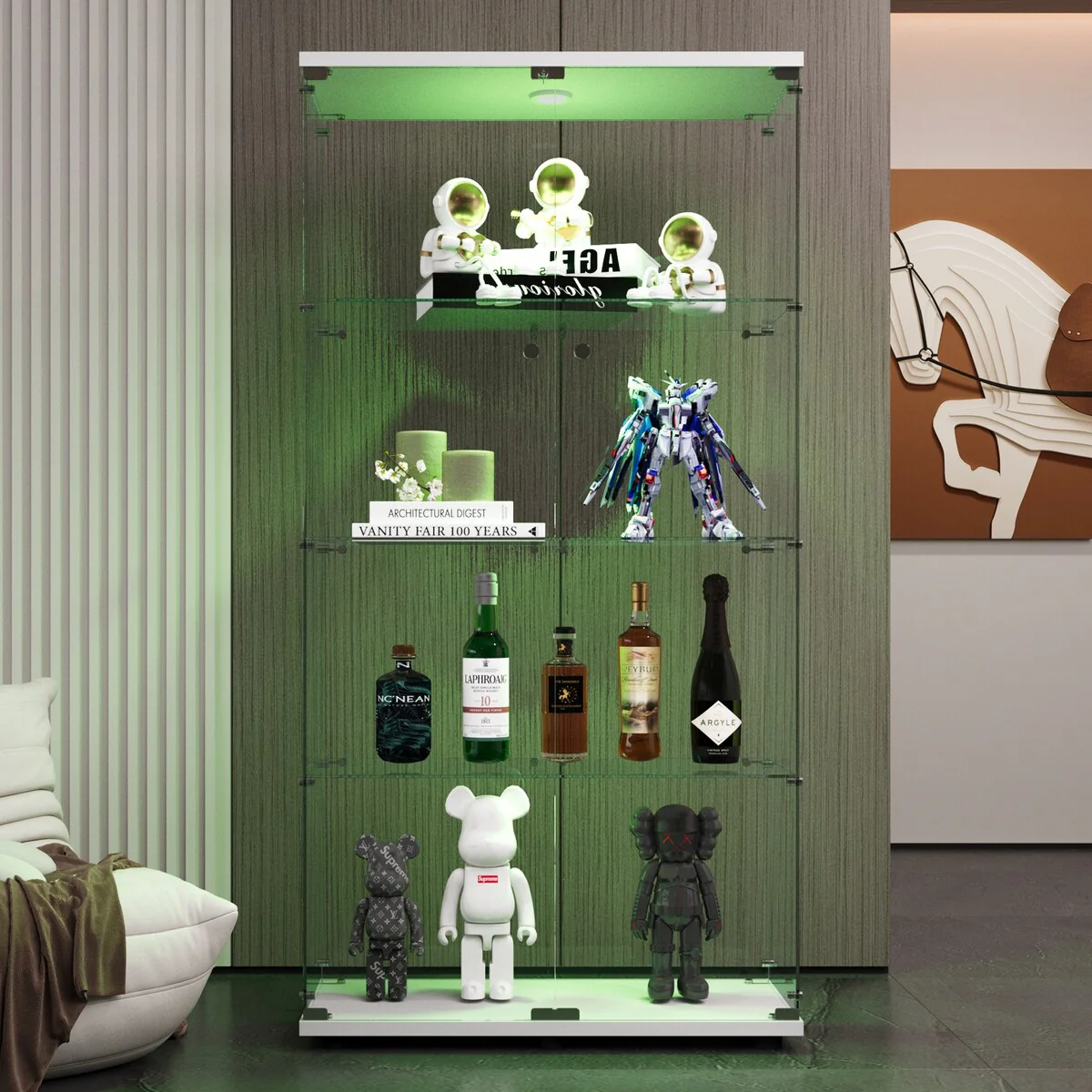 Two-door LED lights Glass Display Cabinet 4 Shelves with Door, Floor Standing Curio Bookshelf,64.7*31.7*14.3