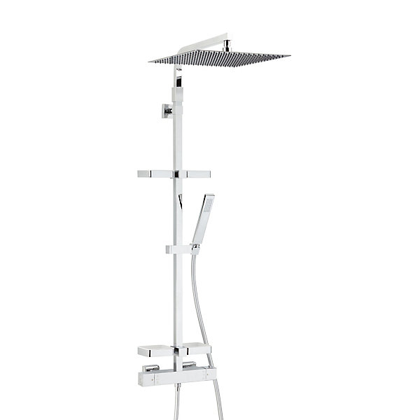 Colonne de douche thermostatique avec tablettes, pomme de tête, douchette et flexible, chrome, Valentin Touareg