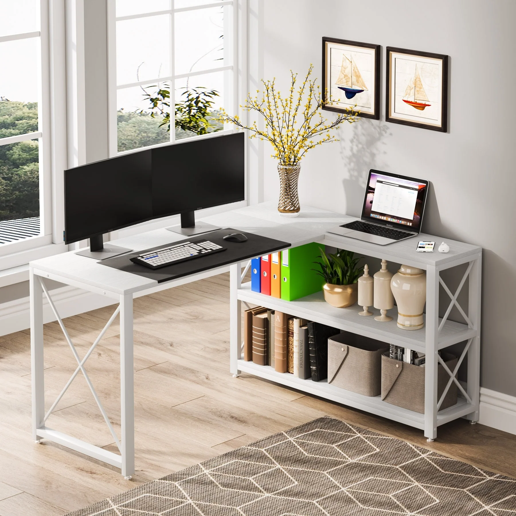 Reversible Industrial L-Shaped Computer Desk with Storage Shelves