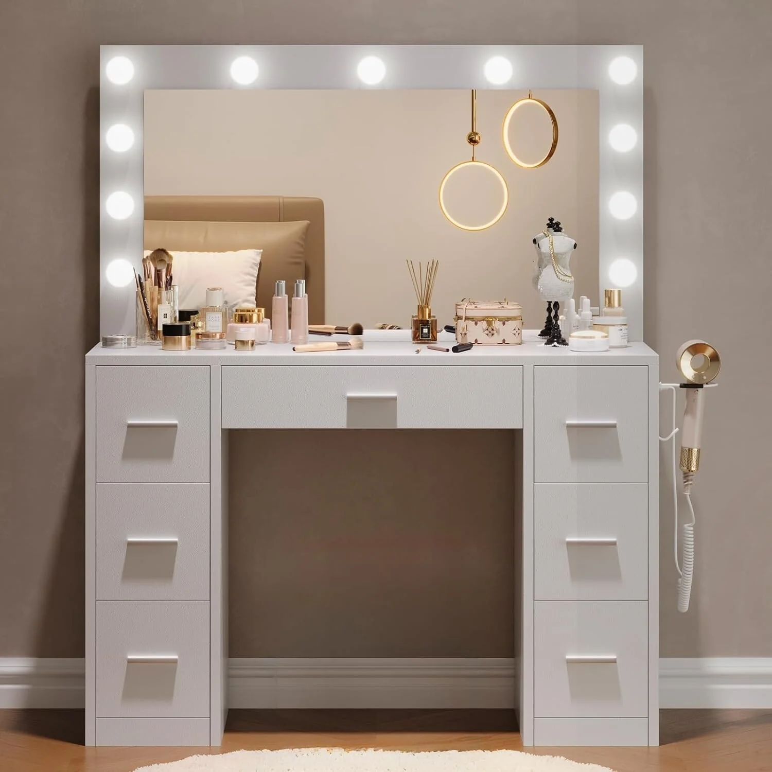 Vanity Desk with Lights, Makeup Vanity with Power Strip, Dressing Table with 7 Drawers