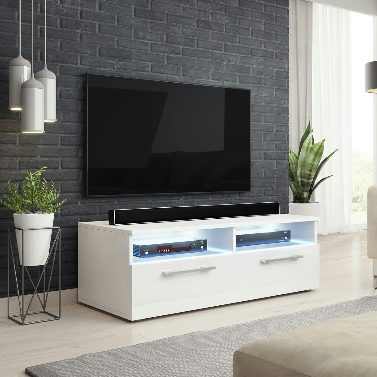 - Meuble tv 2 portes 100 cm avec led blanc