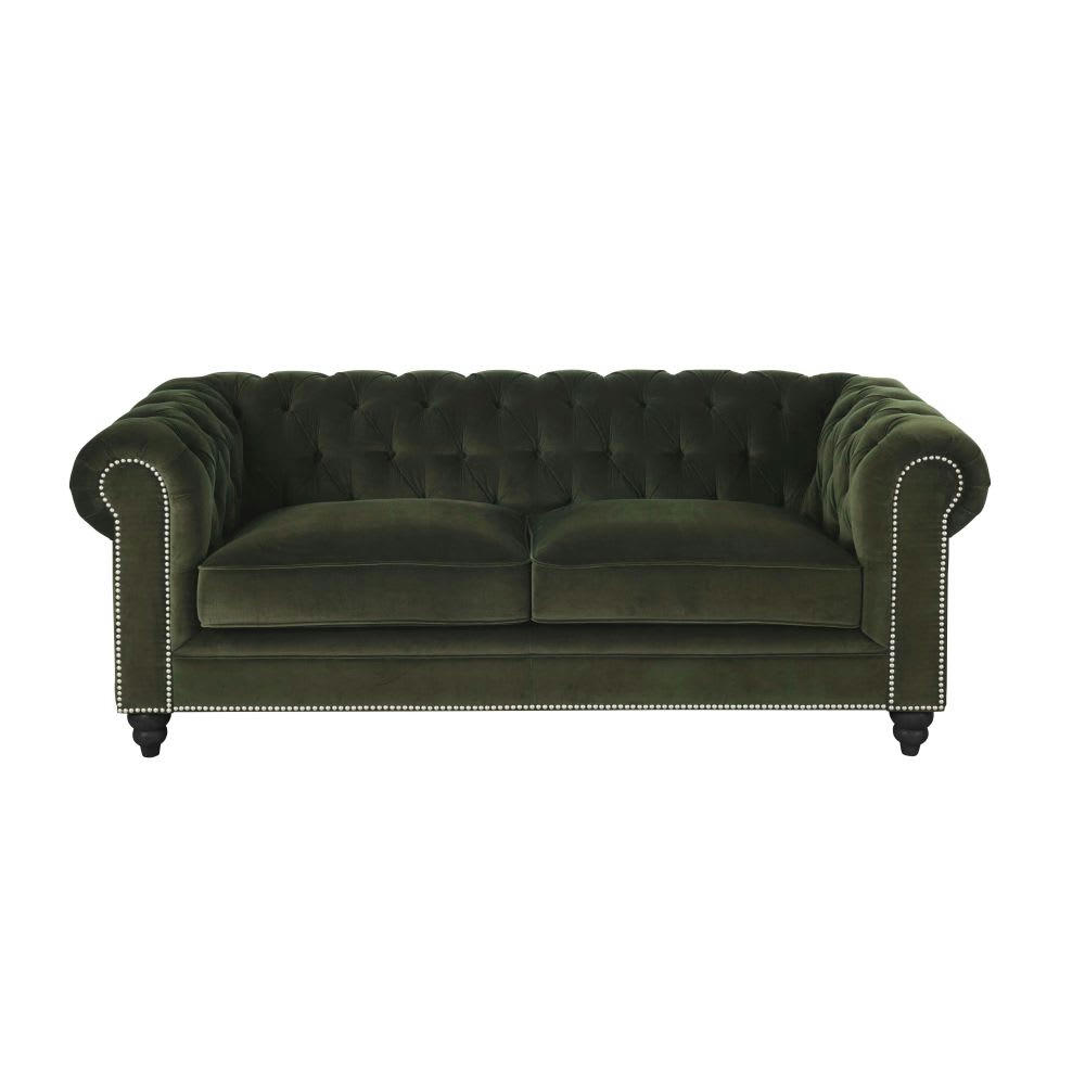 Chesterfield - Canapé capitonné 3/4 places en velours de coton vert