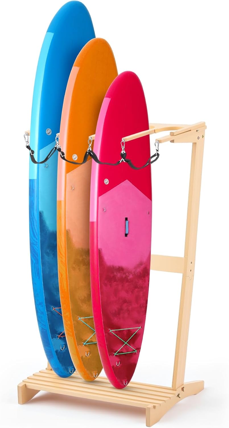 CroBlissful Surfboard Rack Freestanding Vertical Surf Board Stand for 4 Boards Bamboo Display Rack for Shortboard, Snowboard, Skateboard, Ski and Wakeboard