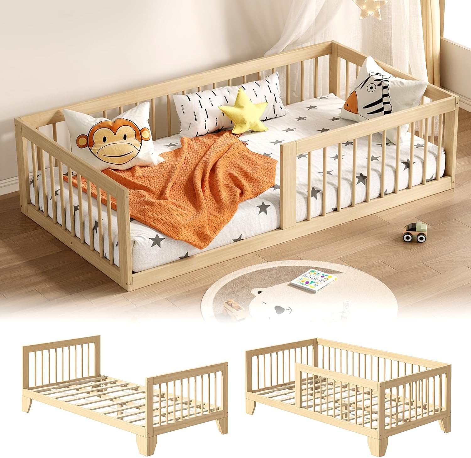 EXPERLAM Montessori Toddler Bed - Variable Twin Toddler Bed Frame with Removable Fences, Legs and 10 Board Slats, Toddler Floor Bed with Sturdy Wooden, Floor Bed for All Ages Kids, Bedroom, Livingroom