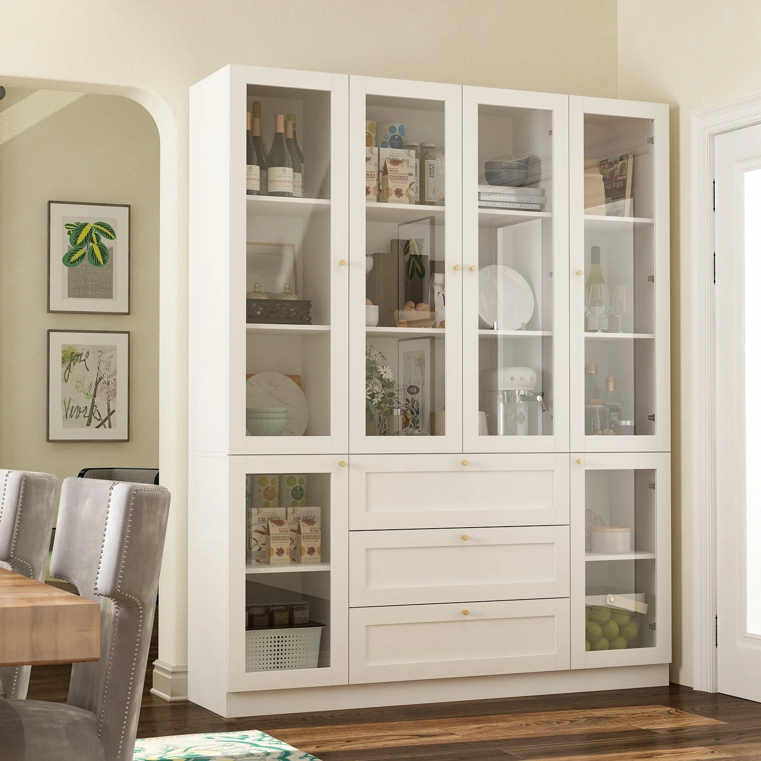 Kitchen Pantry Storage Cabinet with Hutch &Glass Doors & 3 Drawers - 78.7H