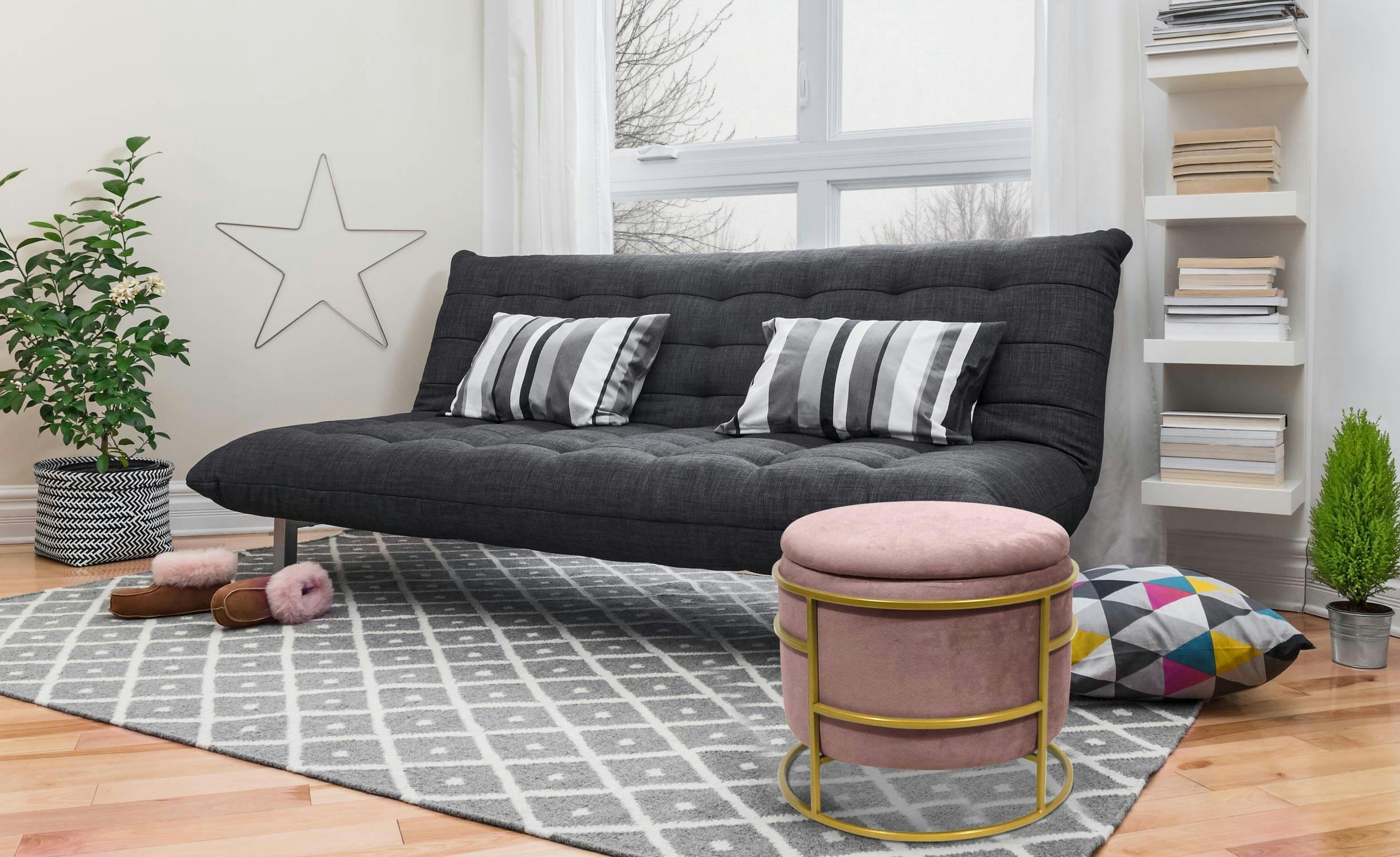 RINGO - Pouf coffre rond en velours rose