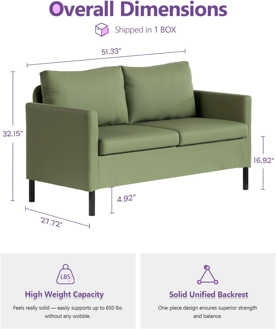 TYBOATLE Faux Leather Modern Small Couches for Small Spaces, Comfy Upholstered Love Seat for Bedroom, 2 Seater Mini Couch for Apartment, Dorm, Office, Green