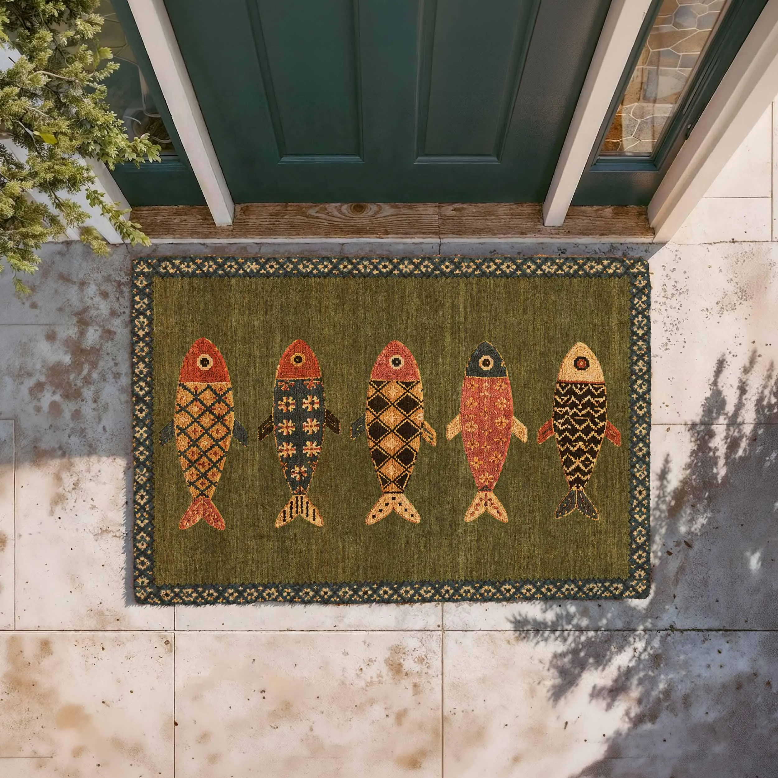 Folk Art Fish Doormat, Sardine Coastal Entryway Decor, Mediterranean Porch Rug