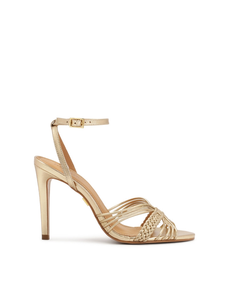 Gold sandals with braided strap and ankle closure