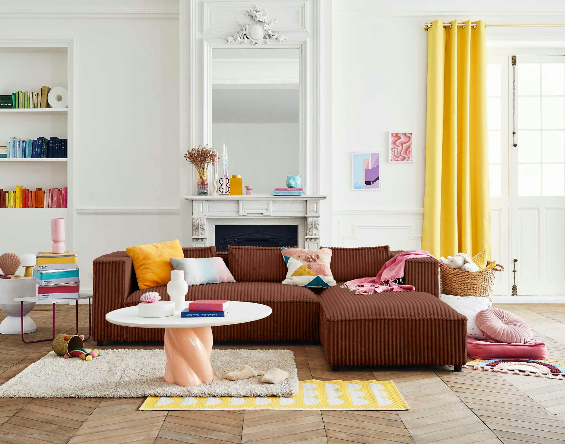 STELLA - Canapé d'angle droit 4 places en velours grosses côtes terracotta