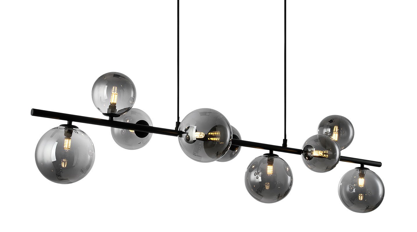 Freelight Freelight Hanglamp Calcio Zwart - Smoke Glas 9Lichts 125cm