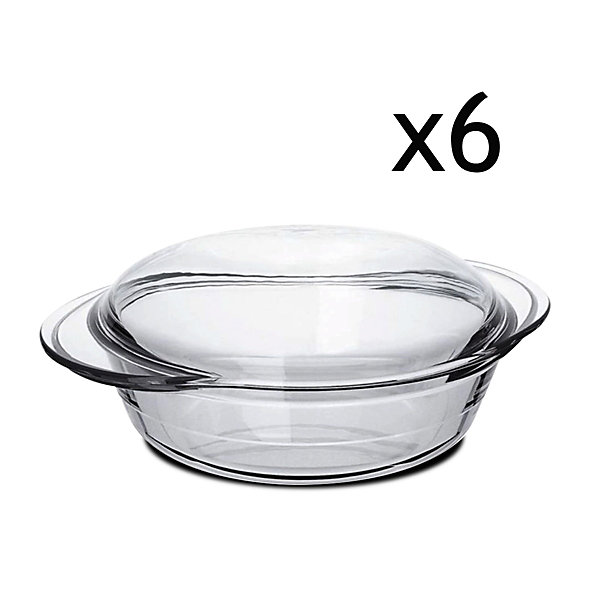 Lot de 6 cocotte ronde avec couvercle, casserole avec poignées en verre 0.7 L - Longueur 19.5 x Profondeur 15.9 x Hauteur 6.5 cm