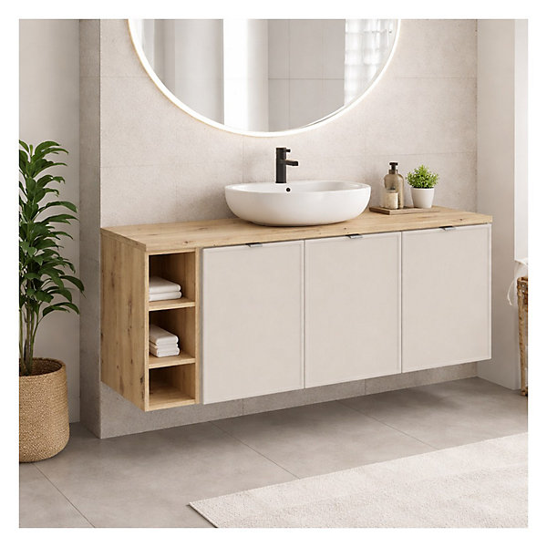 Ensemble de salle de bain BRAZZA : meubles sous vasque 140cm avec niches visibles et plan pour vasque