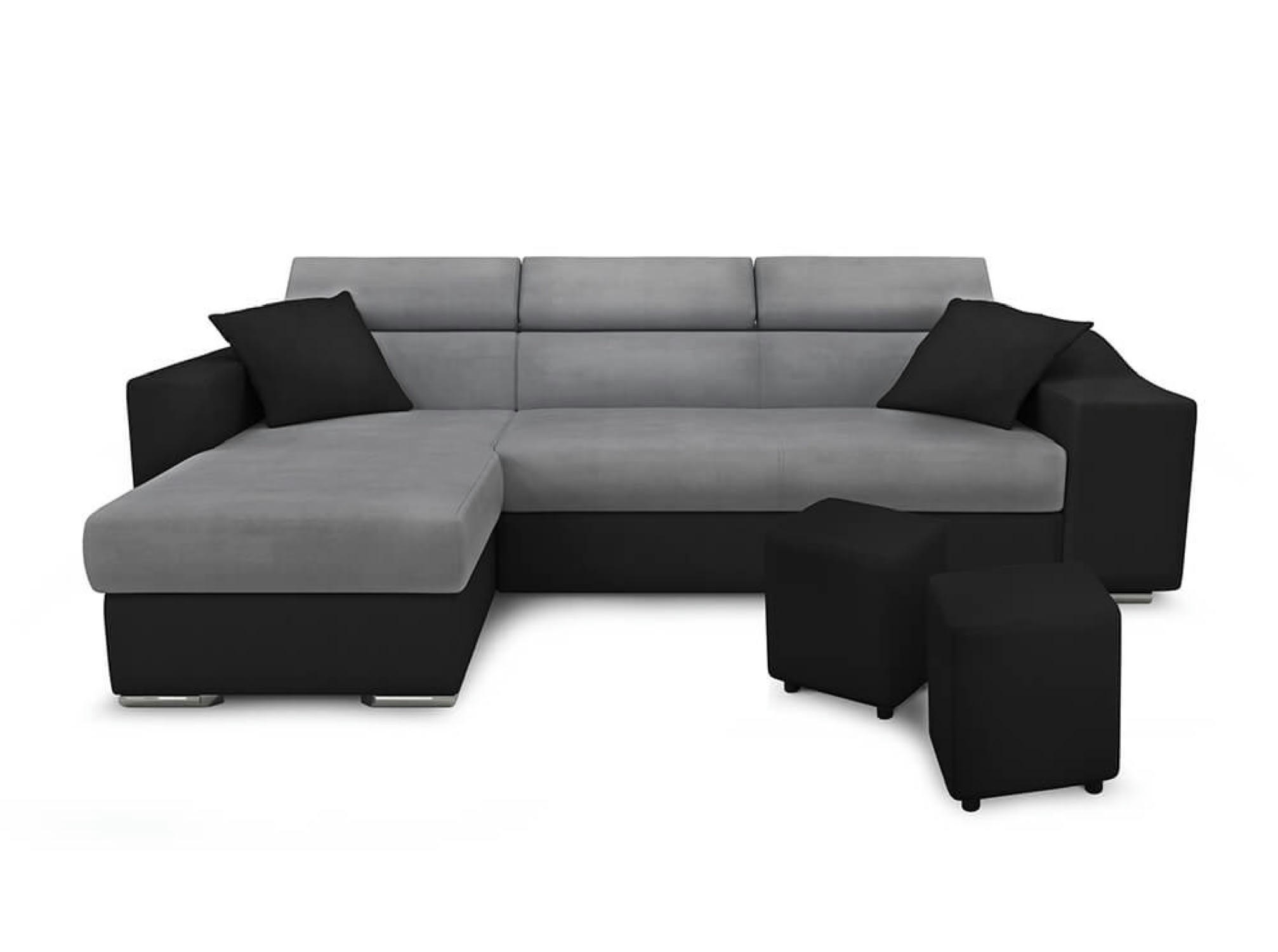 ELONA - Canapé d'angle convertible noir/gris avec niche de rangement droite