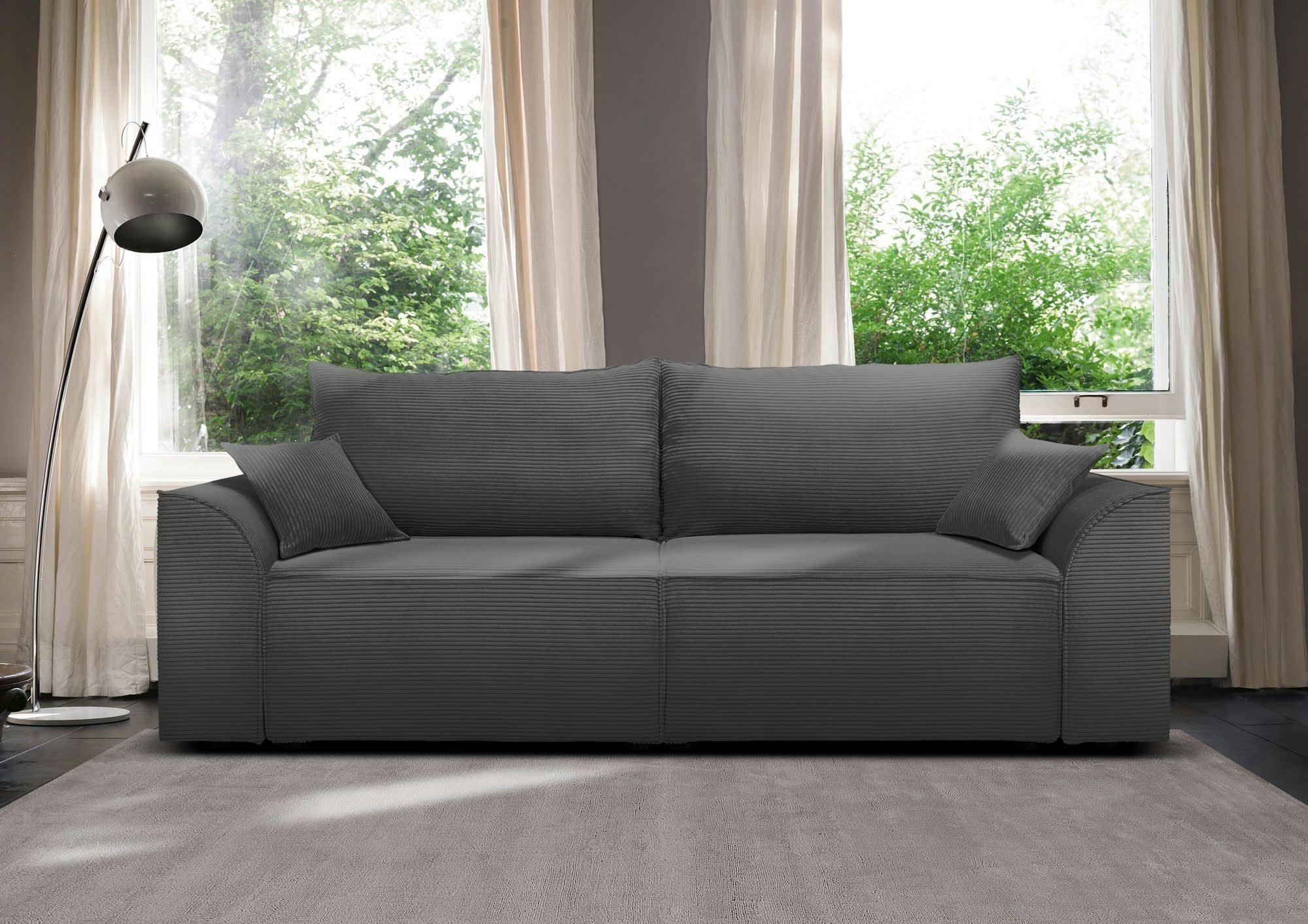 ALPHA - Canapé droit convertible 3 places  en velours côtelé gris souris