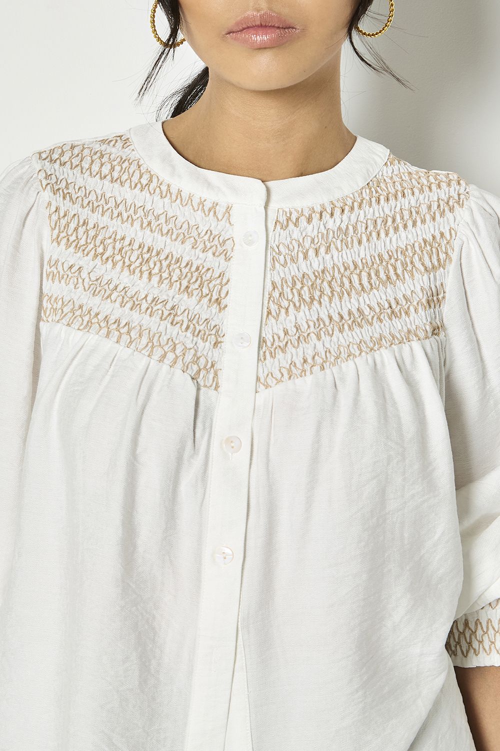 Apricot Wavy Embroidered Smocked Blouse