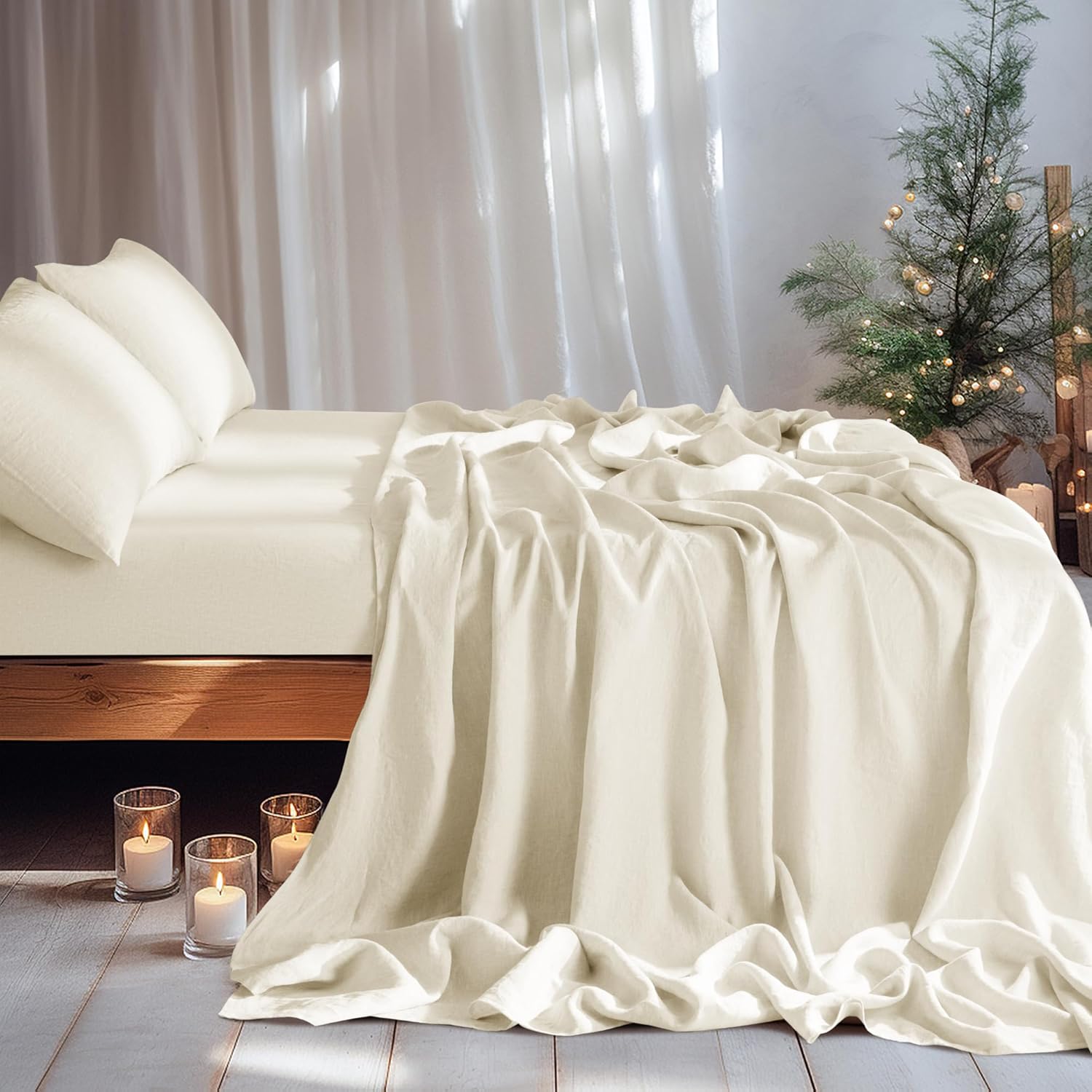 LBRO2M 100% Pure Linen Sheet Set Deep Pocket Up to 16 Bed Sheets Sets, Natural Flax Beddings Soft, Breathable, Comfortable for All Seasons 4 Pcs Sheet Set Queen Size, Beige