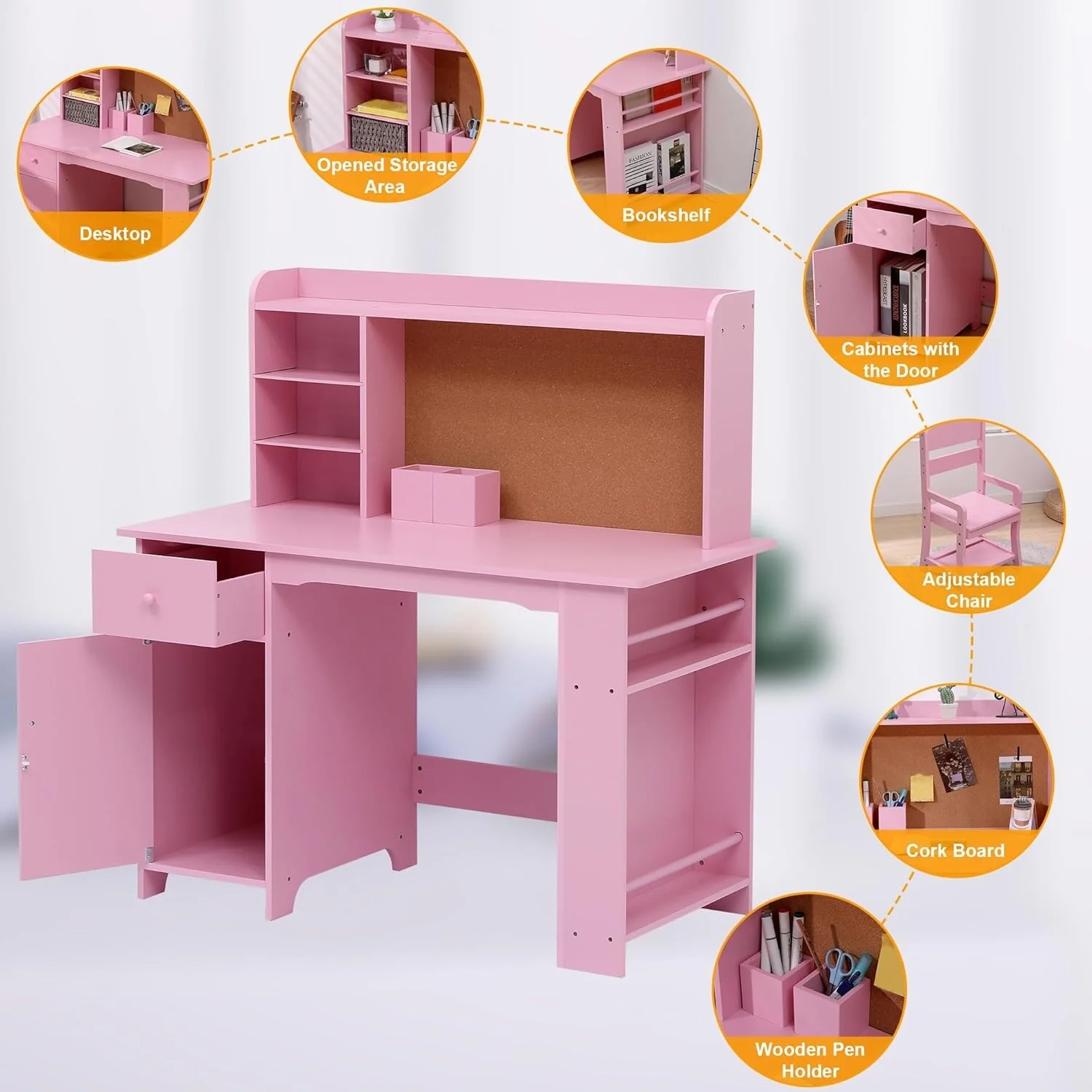 Kids Study Desk and Chair Set, White Wood Desk with Bookshelf, Bulletin Board, and Storage Cabinets
