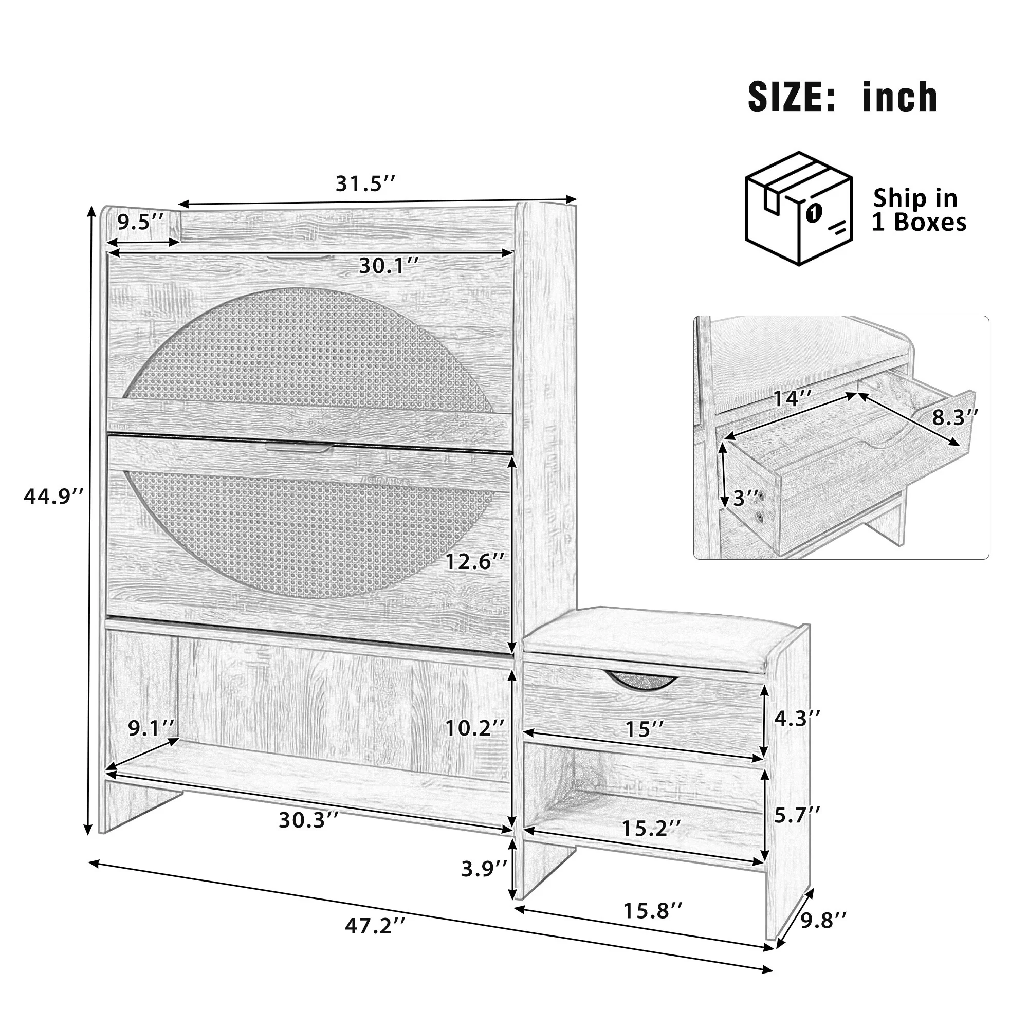 47.2 Rattan Shoe Storage Cabinet with 2 Flip Drawers, Narrow Shoe Rack Cabinet with 1 Storage Drawer & Bench for Hallway
