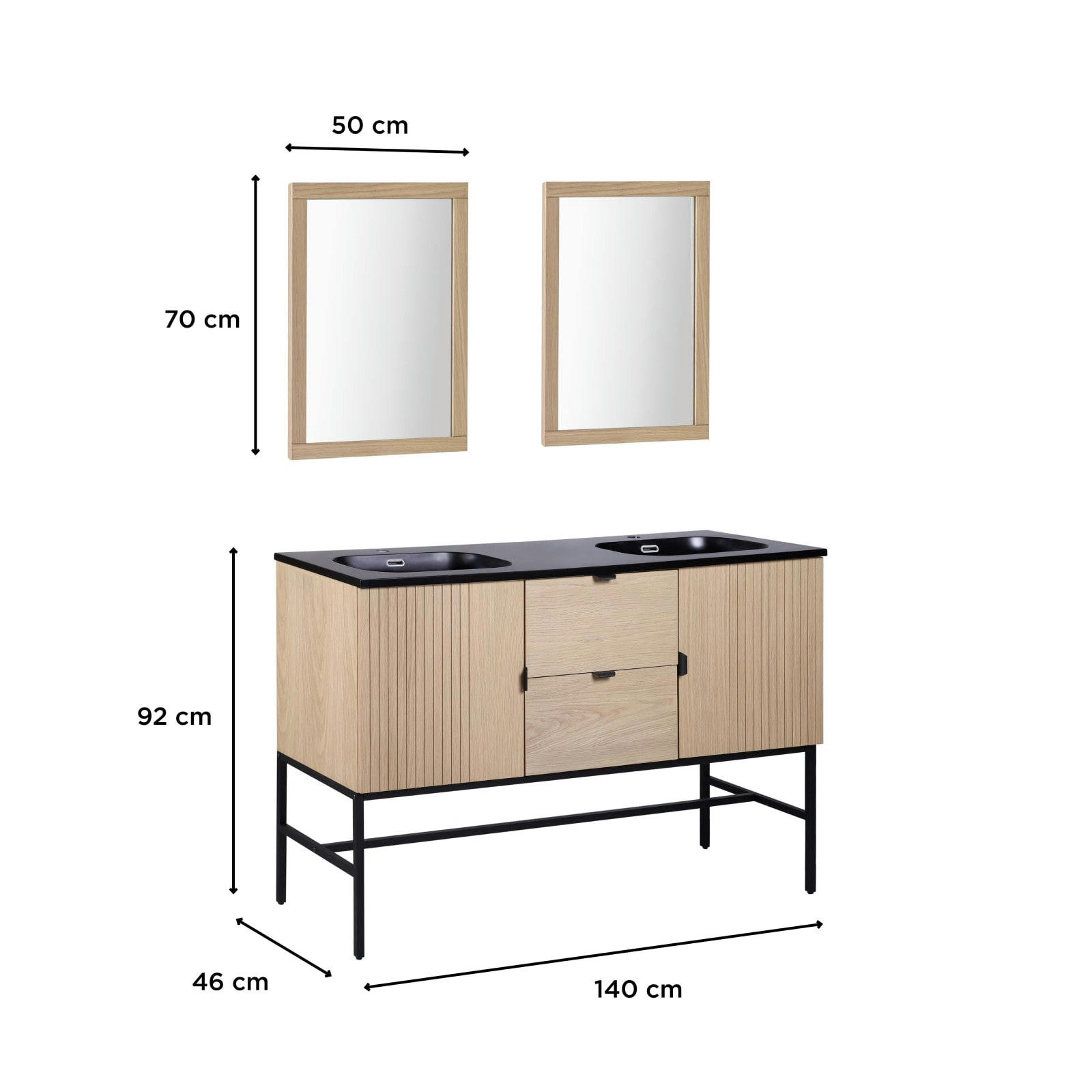 STUDIO - Meuble double vasque 140cm chêne STUDIO sur pieds + miroir carré