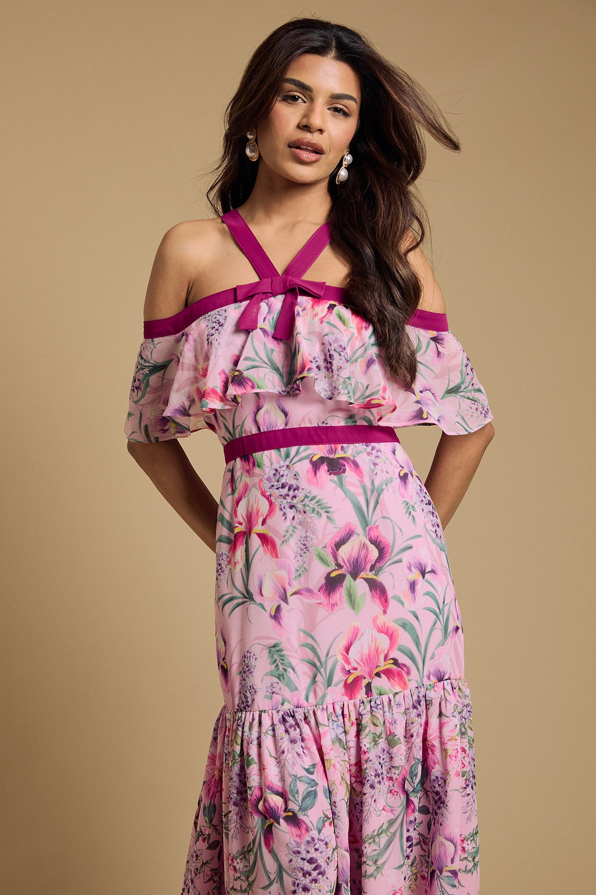 Oasis Petite Bow Detail Halter Neck Bardot Dress