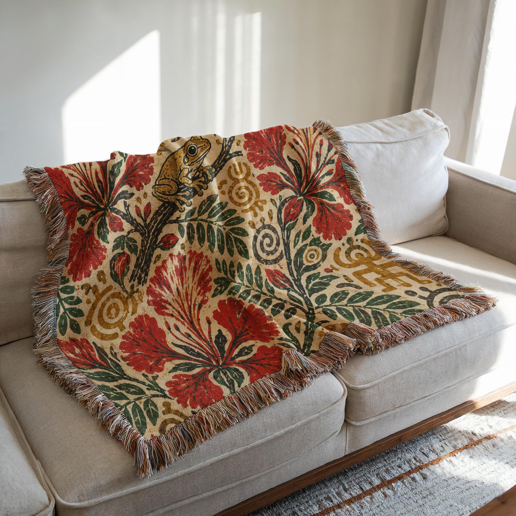 Puerto Rico Woven Blanket, Coqui Frog Flor de Maga Tapestry Throw, Taino Floral Wall Hanging, Boricua Tropical Heritage Home Decor