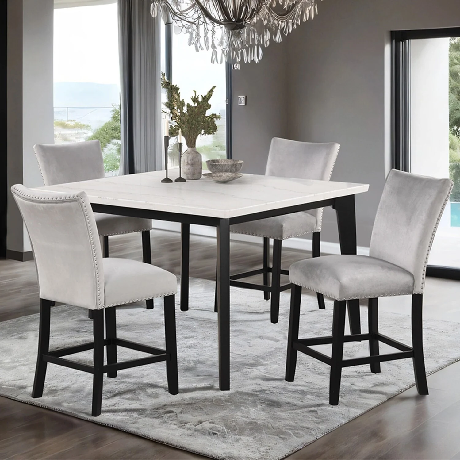 5 Piece Square Counter Height Dining Set with Faux Marble Top in Black and White